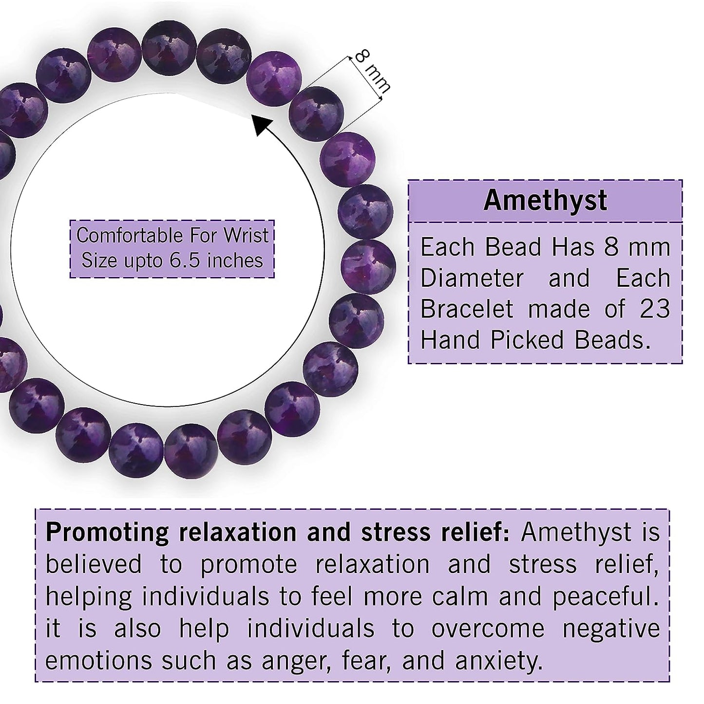 Amethyst Natural Gemstone Reiki Healing Crystals Handmade 8mm Round Beads Stretch Bracelet for Women & Men | Spiritual Gift | Mother's day Gift | Adjustable size Crystal Bracelet for Women