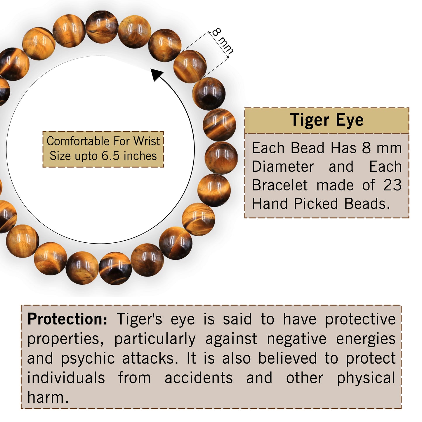 Tiger Eye Natural Gemstone Reiki Healing Crystals Handmade 8mm Round Beads Stretch Bracelet for Women & Men | Spiritual Gift | Mother's day Gift | Adjustable size Crystal Bracelet for Women