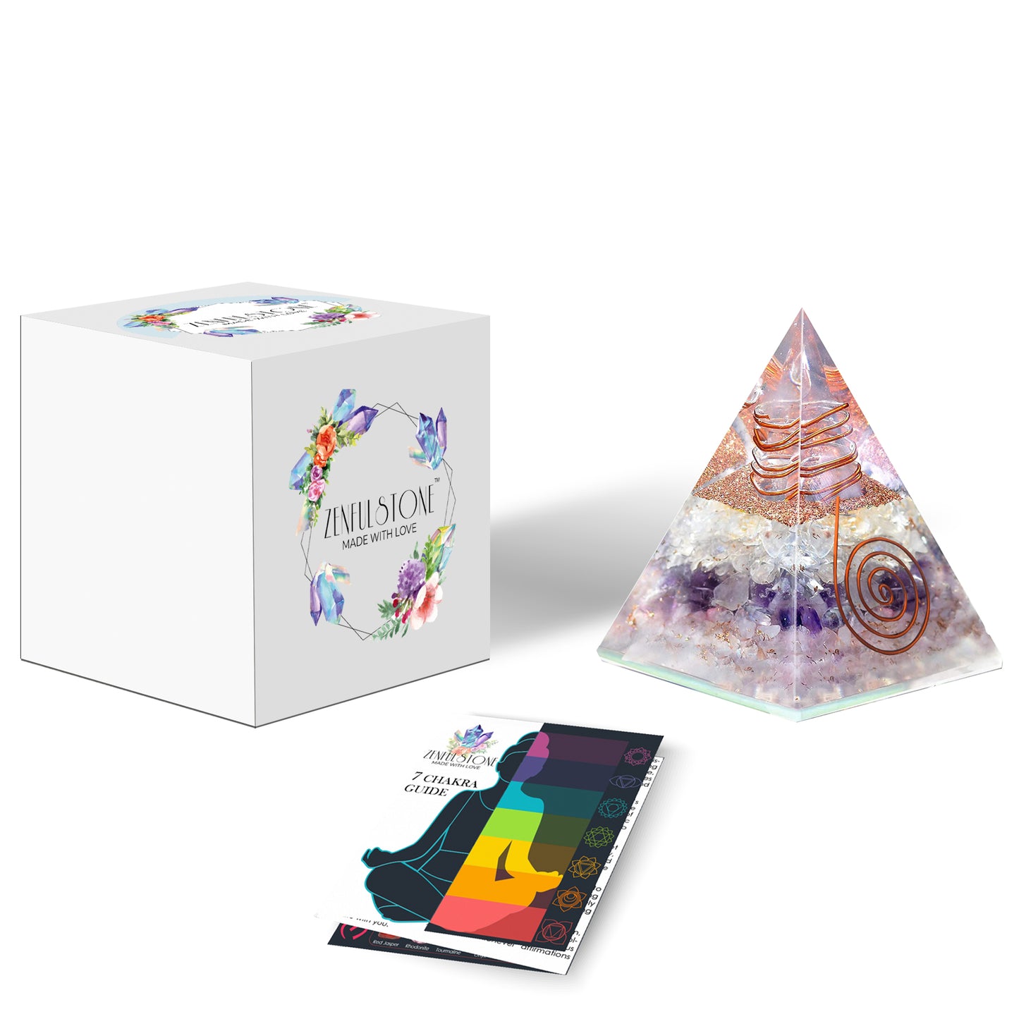 Amethyst, Clear Quartz & Rose Quartz Triple Layered Orgone Pyramid