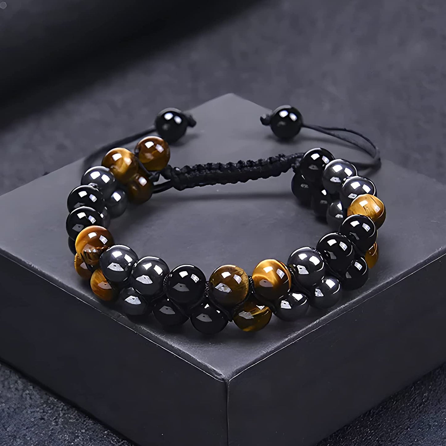 Triple Protection Bracelet, Authentic Tigers Eye Black Obsidian and Hematite 8mm Beads double layer Triangle Design Bracelet