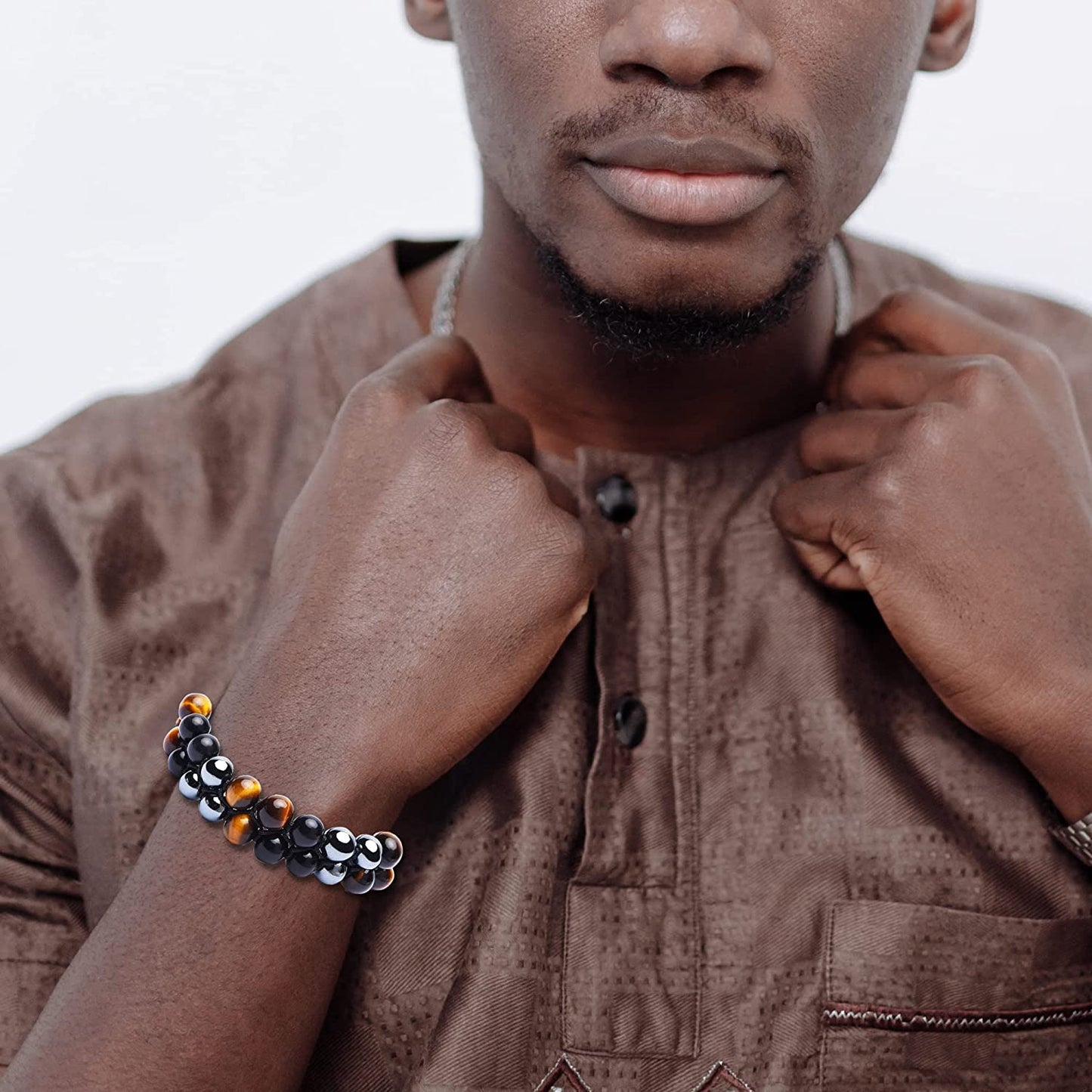 Triple Protection Bracelet, Authentic Tigers Eye Black Obsidian and Hematite 8mm Beads double layer Triangle Design Bracelet