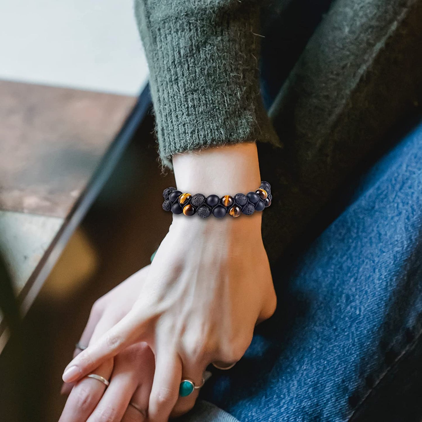 Triple Protection Bracelet, Authentic Tigers Eye, Lava Rock and Matte Onyx 8mm Beads double layer Bracelet