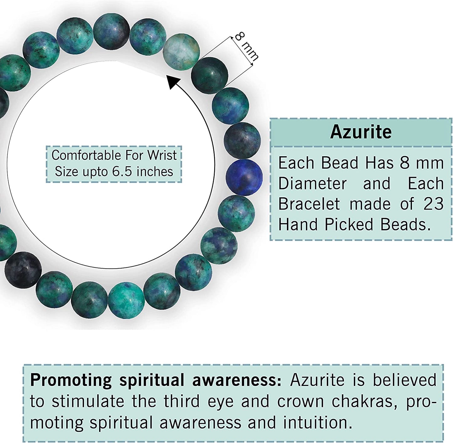 Azurite Natural Gemstone Reiki Healing Crystals Handmade 8mm Round Beads Stretch Bracelet for Women & Men | Spiritual Gift | Mother's day Gift | Adjustable size Crystal Bracelet for Women