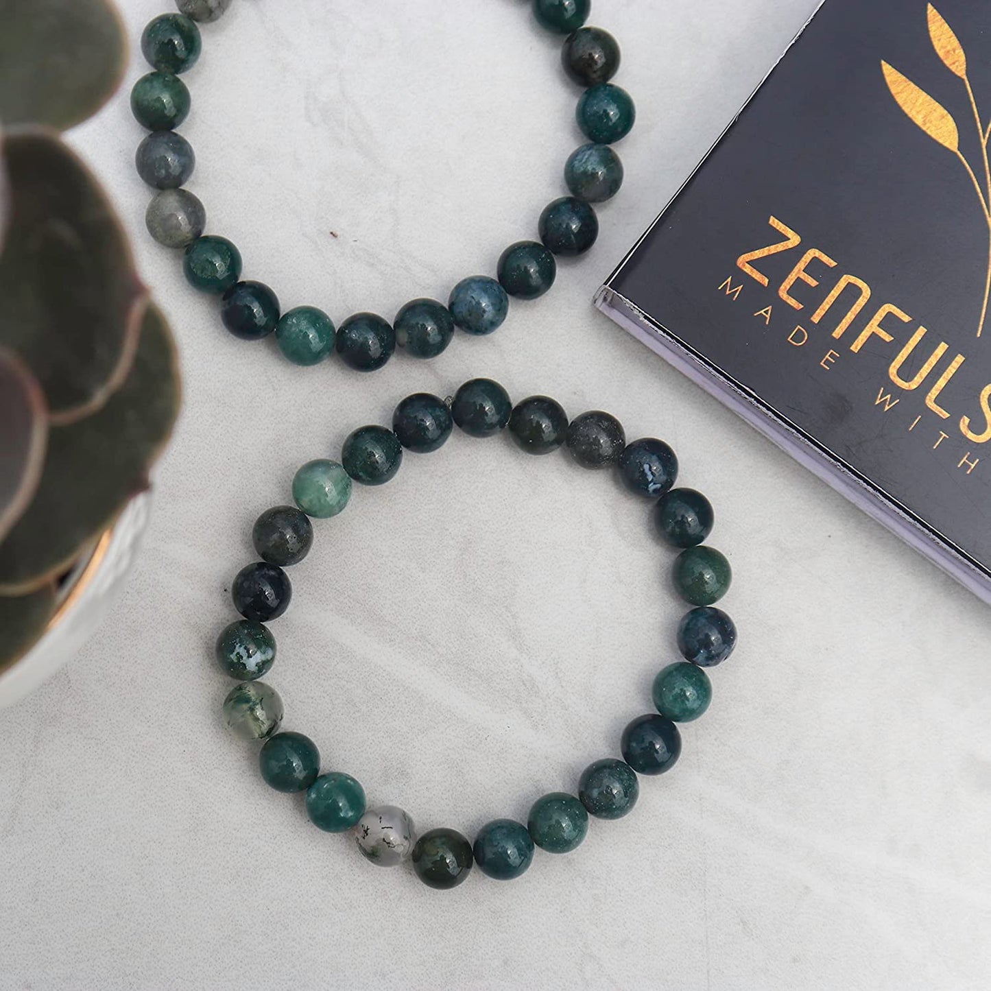 Moss Agate Natural Gemstone Reiki Healing Crystals Handmade 8mm Round Beads Stretch Bracelet for Women & Men | Spiritual Gift | Mother's day Gift | Adjustable size Crystal Bracelet for Women