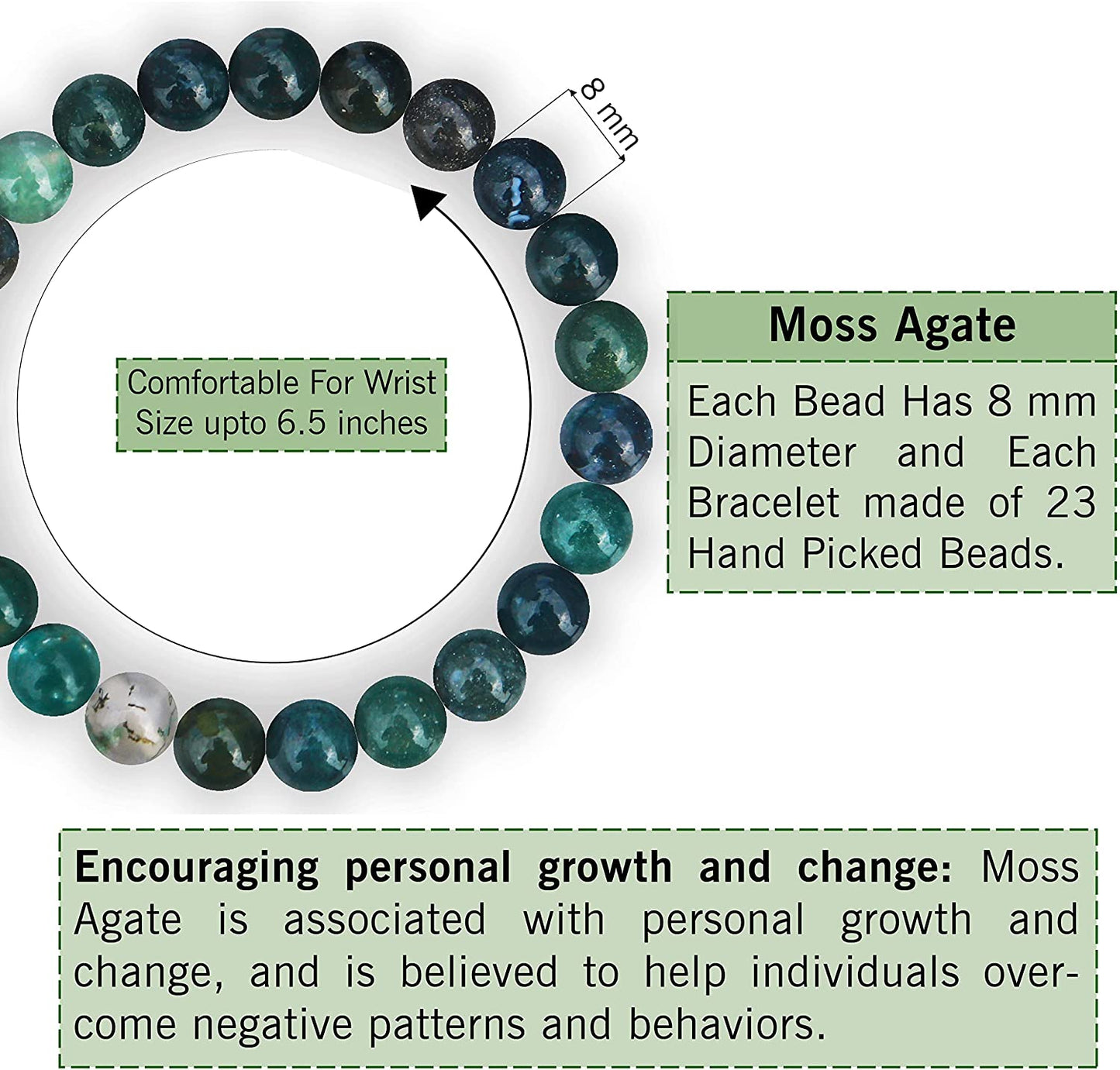 Moss Agate Natural Gemstone Reiki Healing Crystals Handmade 8mm Round Beads Stretch Bracelet for Women & Men | Spiritual Gift | Mother's day Gift | Adjustable size Crystal Bracelet for Women