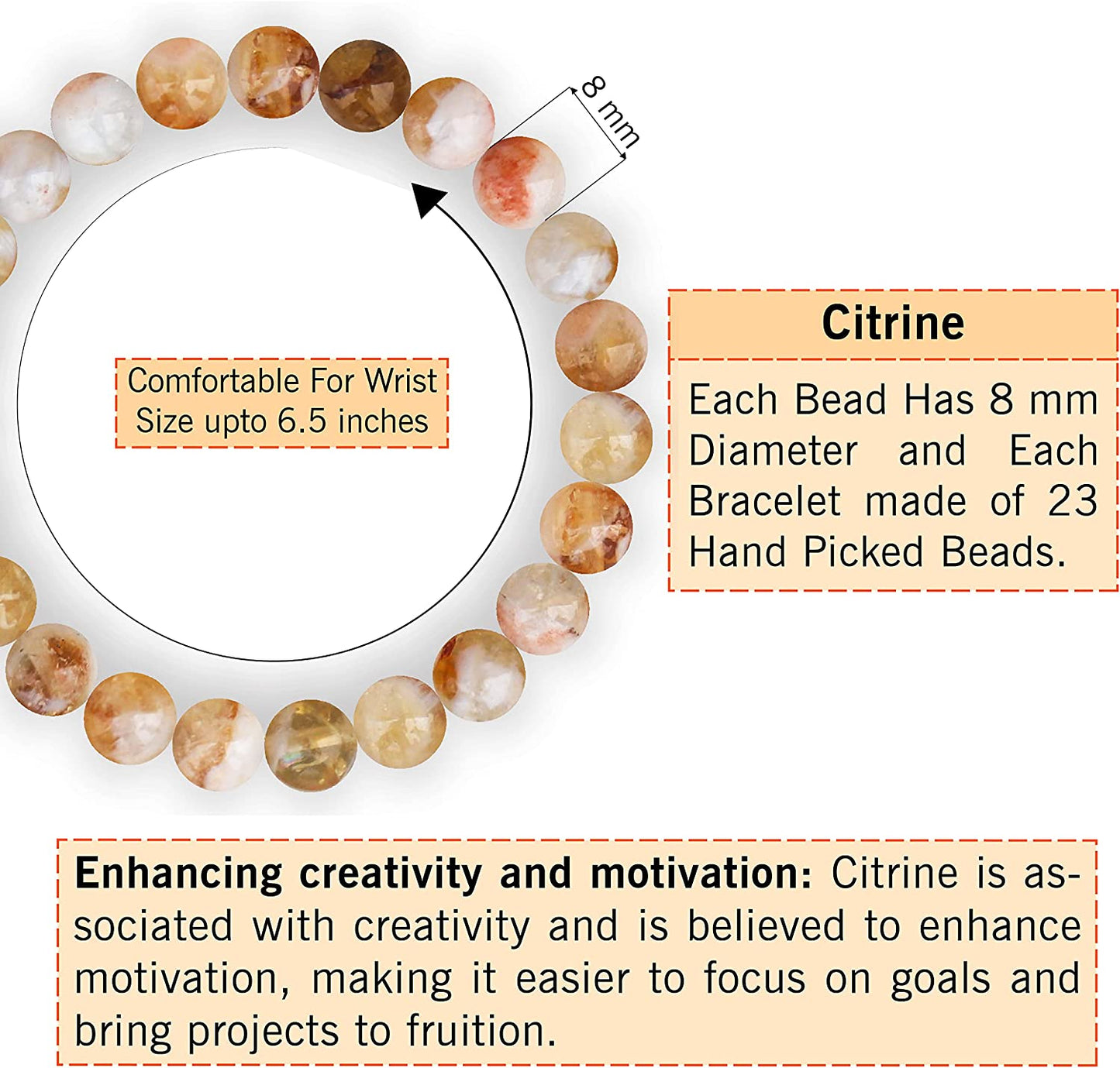 Citrine Natural Gemstone Reiki Healing Crystals Handmade 8mm Round Beads Stretch Bracelet for Women & Men | Spiritual Gift | Mother's day Gift | Adjustable size Crystal Bracelet for Women