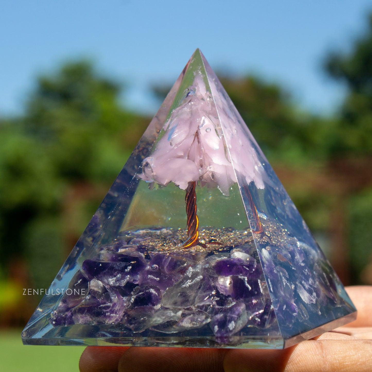 Pink Tree of Life Flower Orgonite Pyramid - Pink Opal & Amethyst