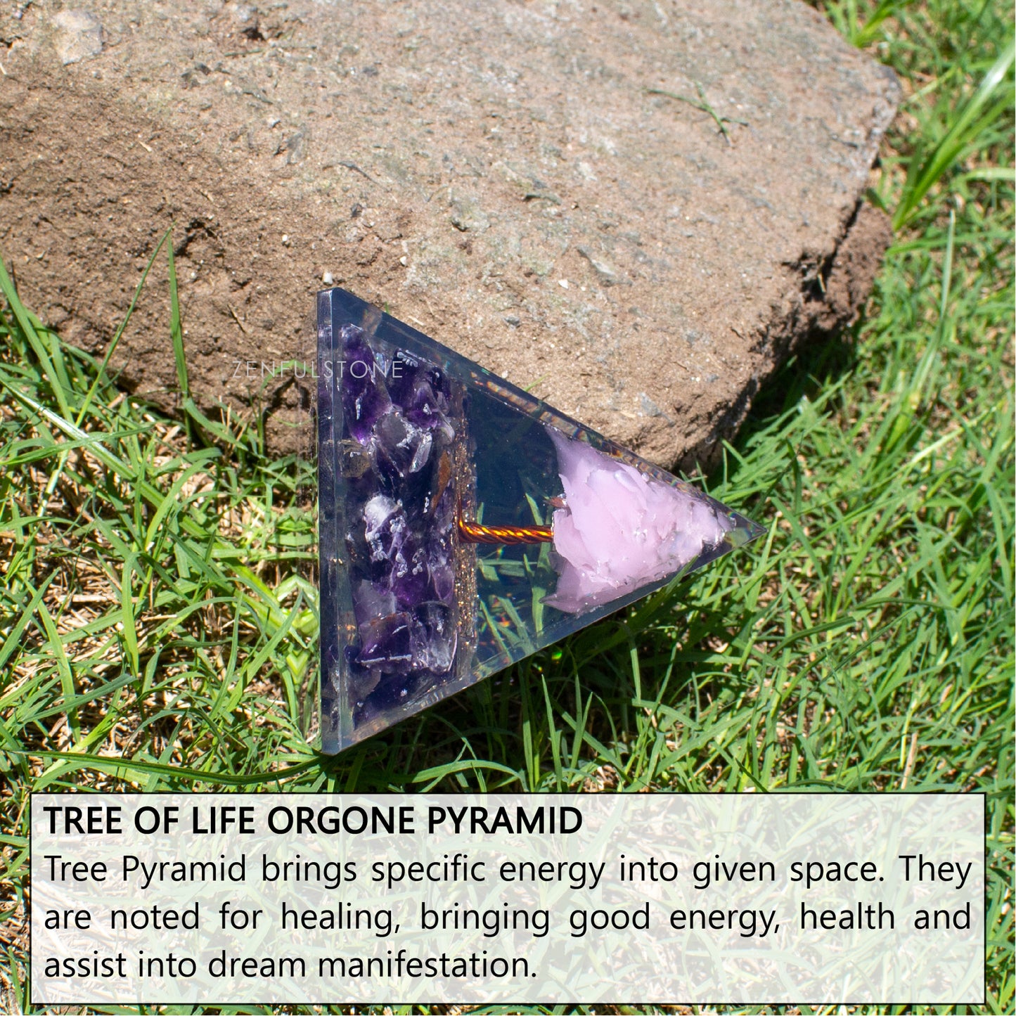 Pink Tree of Life Flower Orgonite Pyramid - Pink Opal & Amethyst