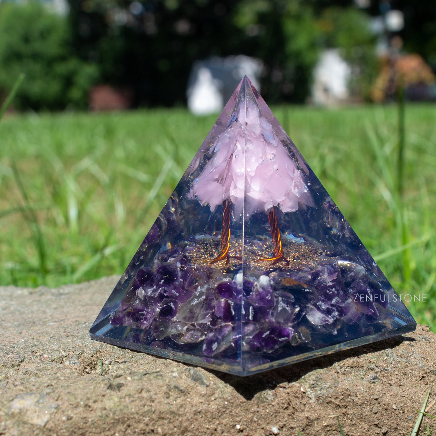 Pink Tree of Life Flower Orgonite Pyramid - Pink Opal & Amethyst
