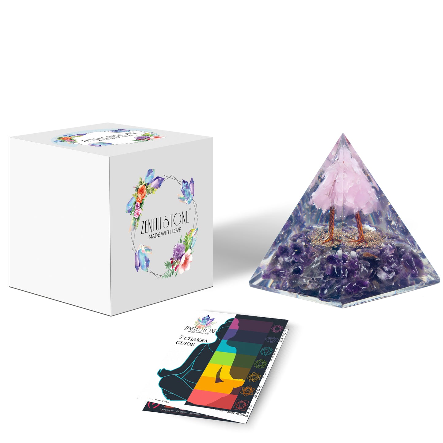 Pink Tree of Life Flower Orgonite Pyramid - Pink Opal & Amethyst