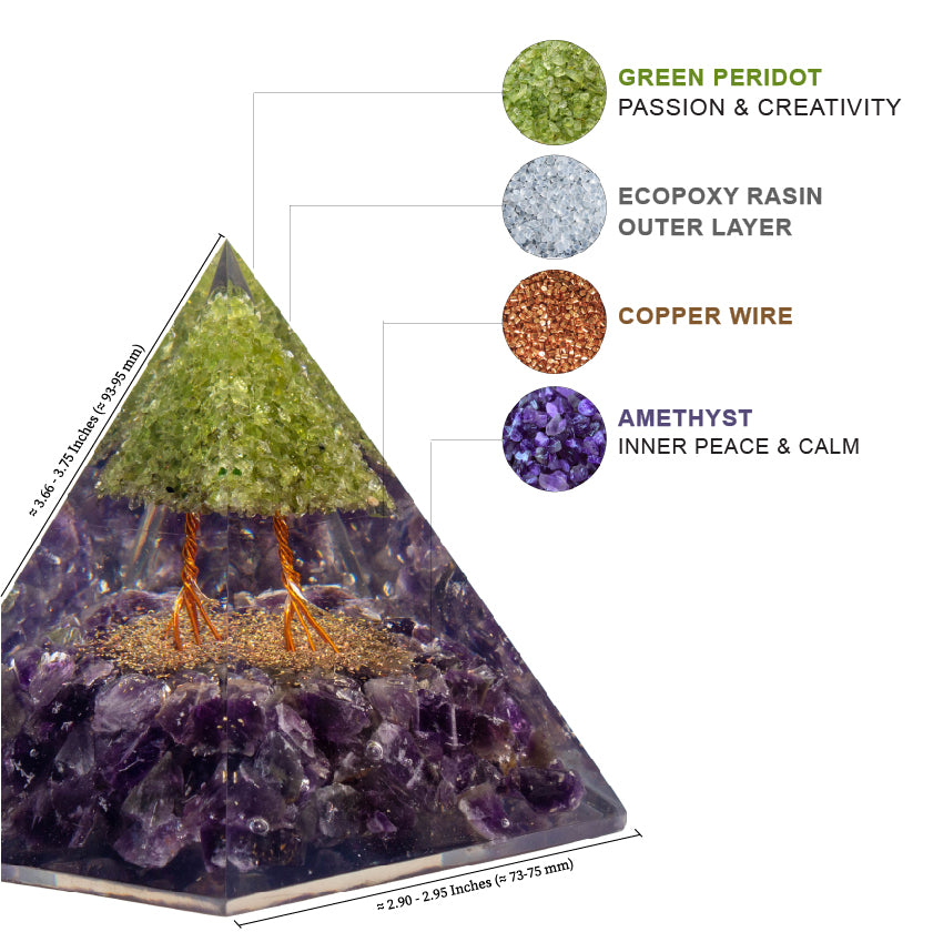 Tree of Life Flower Orgonite Pyramid - Peridot & Amethyst