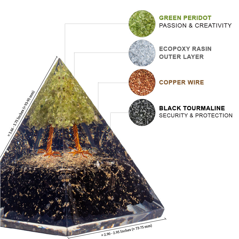 Green Tree of Life Flower Orgonite Pyramid - Peridot & Black Tourmaline