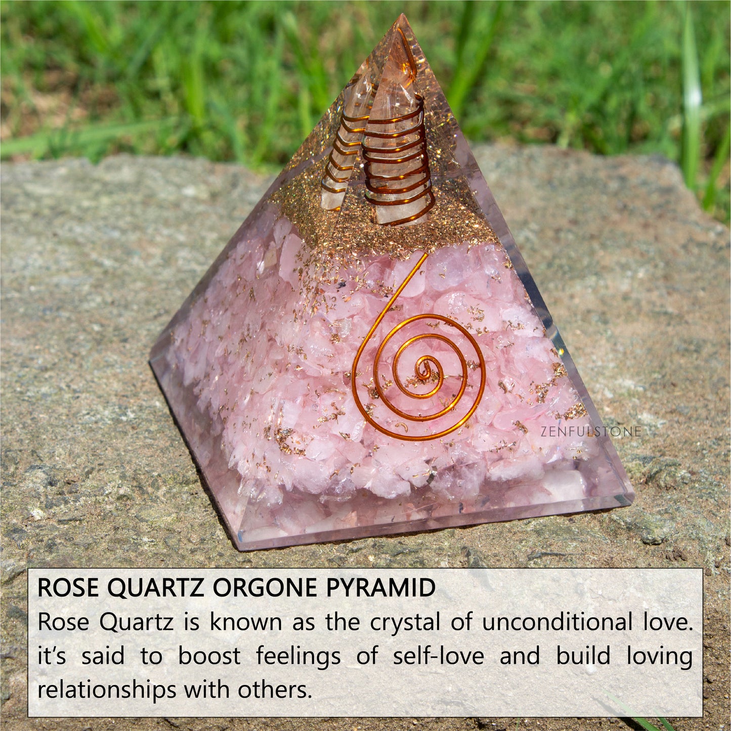 Rose Quartz Orgone Pyramid for Peace, Calm & Unconditional Love, Confidence & Protection