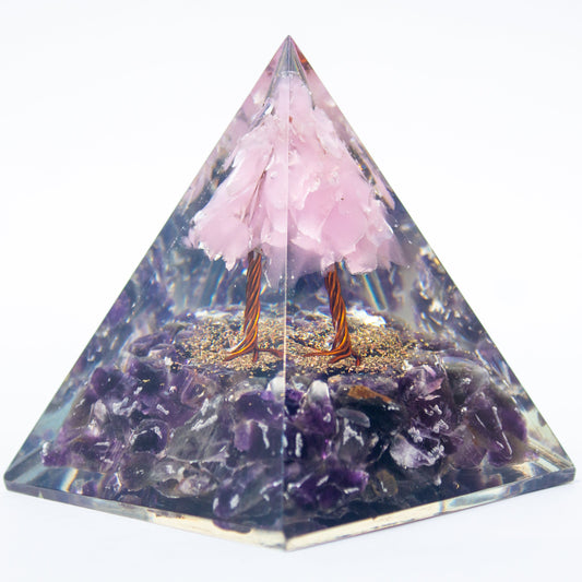 Pink Tree of Life Flower Orgonite Pyramid - Pink Opal & Amethyst