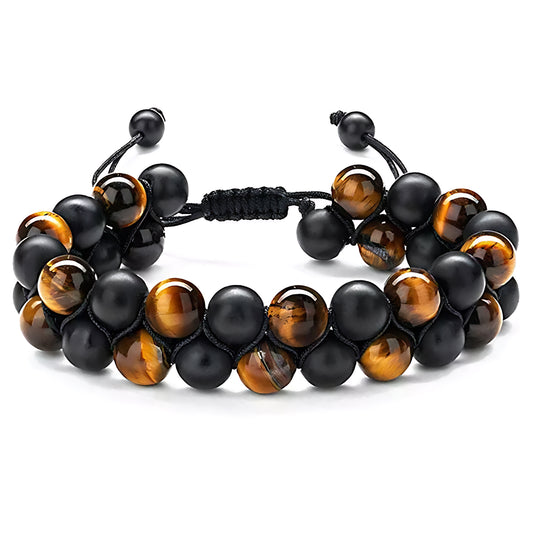 Triple Protection Bracelet Tiger Eye & Matte Onyx Stone - Tiger's Eye Healing Bracelet