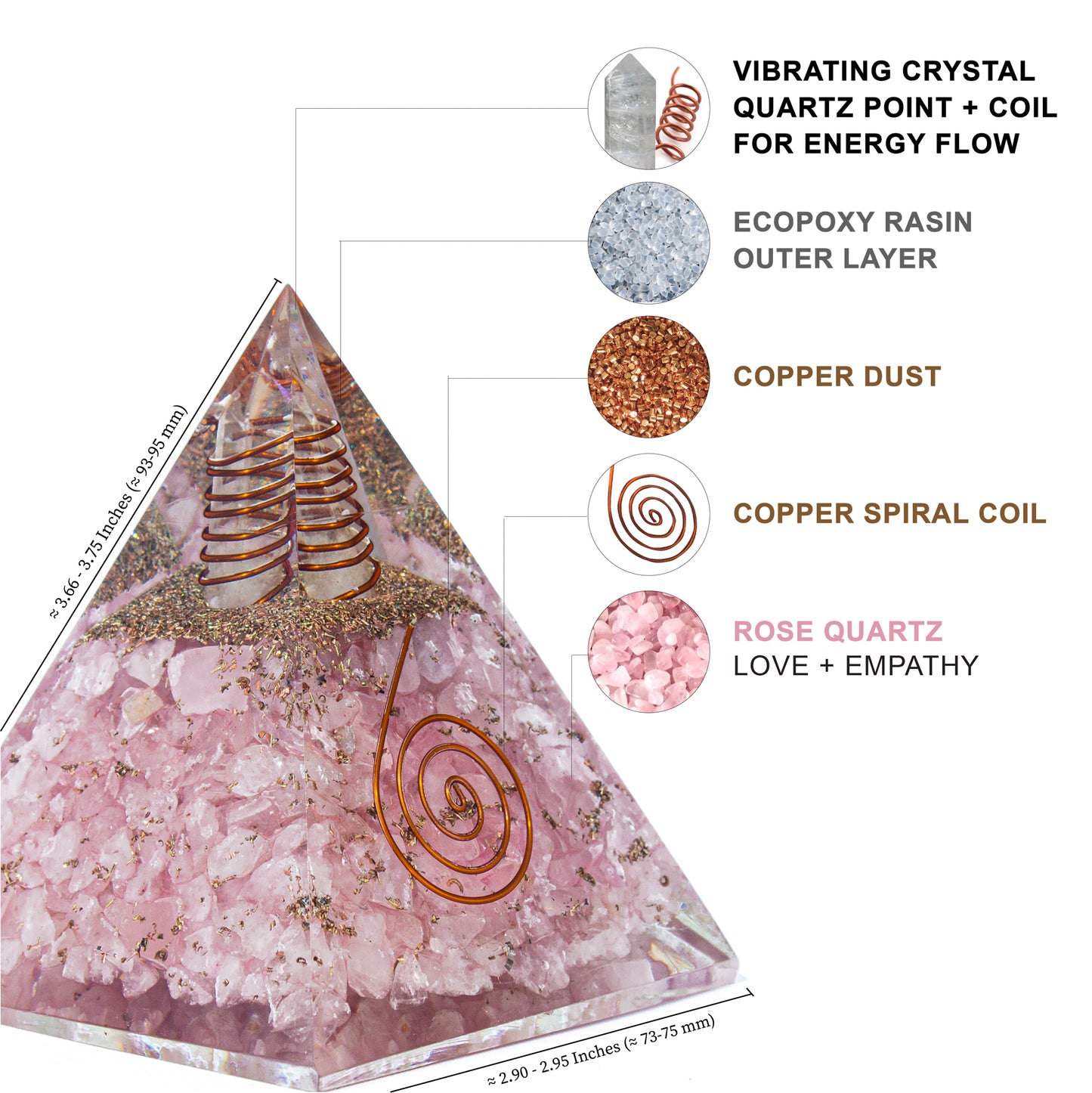 Rose Quartz Orgone Pyramid for Peace, Calm & Unconditional Love, Confidence & Protection