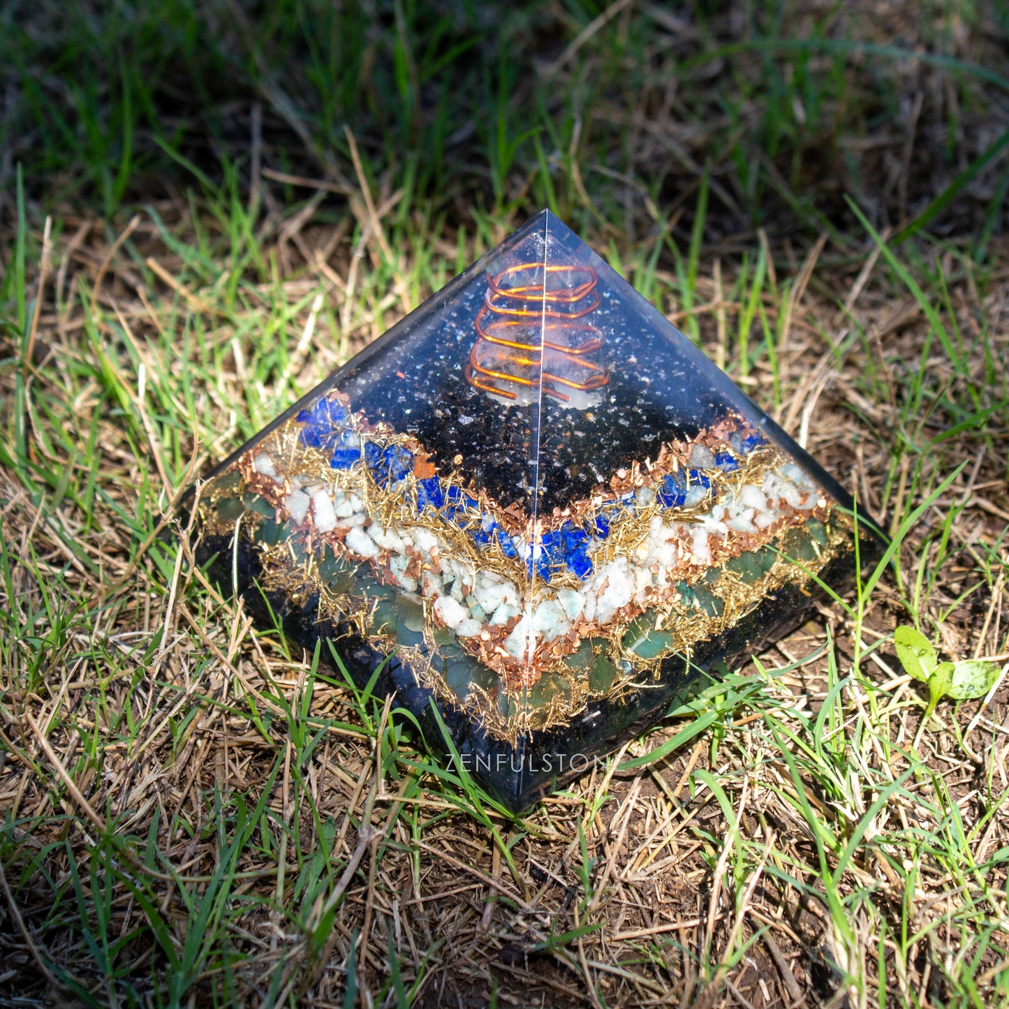 Black Tourmaline, Lapis Lazuli, Amazonite & Green Jade Orgonite Pyramid for Protection