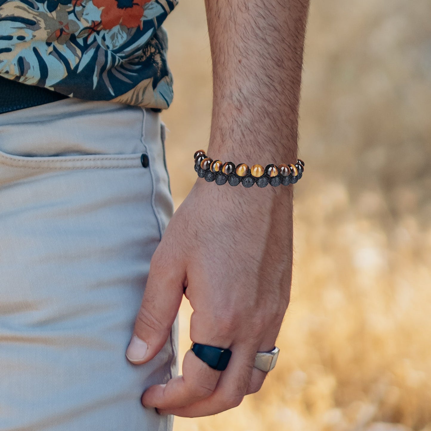 Triple Protection Bracelet, Authentic Tigers Eye and Lava 8mm Beads double layer Bracelet