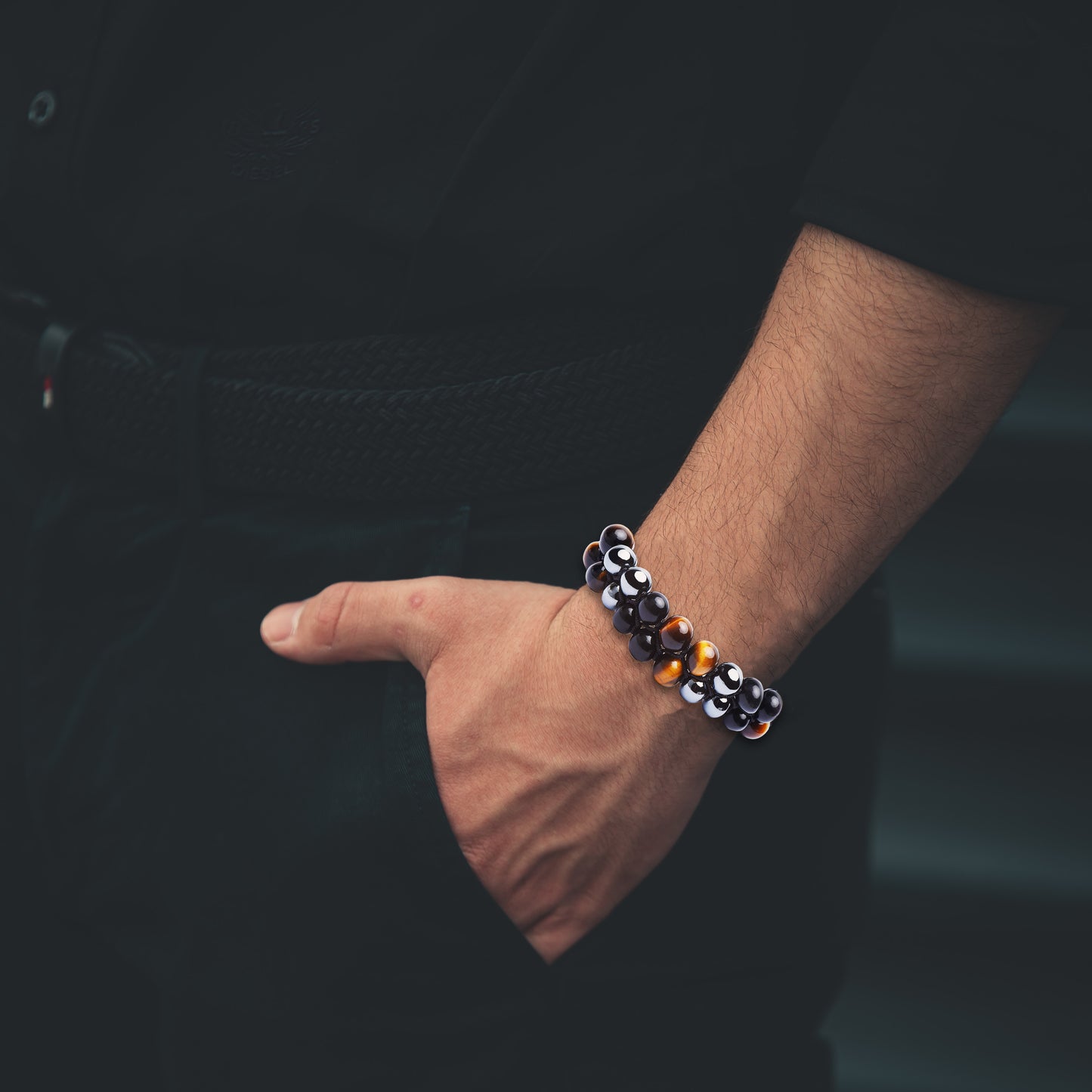 Triple Protection Bracelet, Authentic Tigers Eye Black Obsidian and Hematite 8mm Beads double layer Triangle Design Bracelet