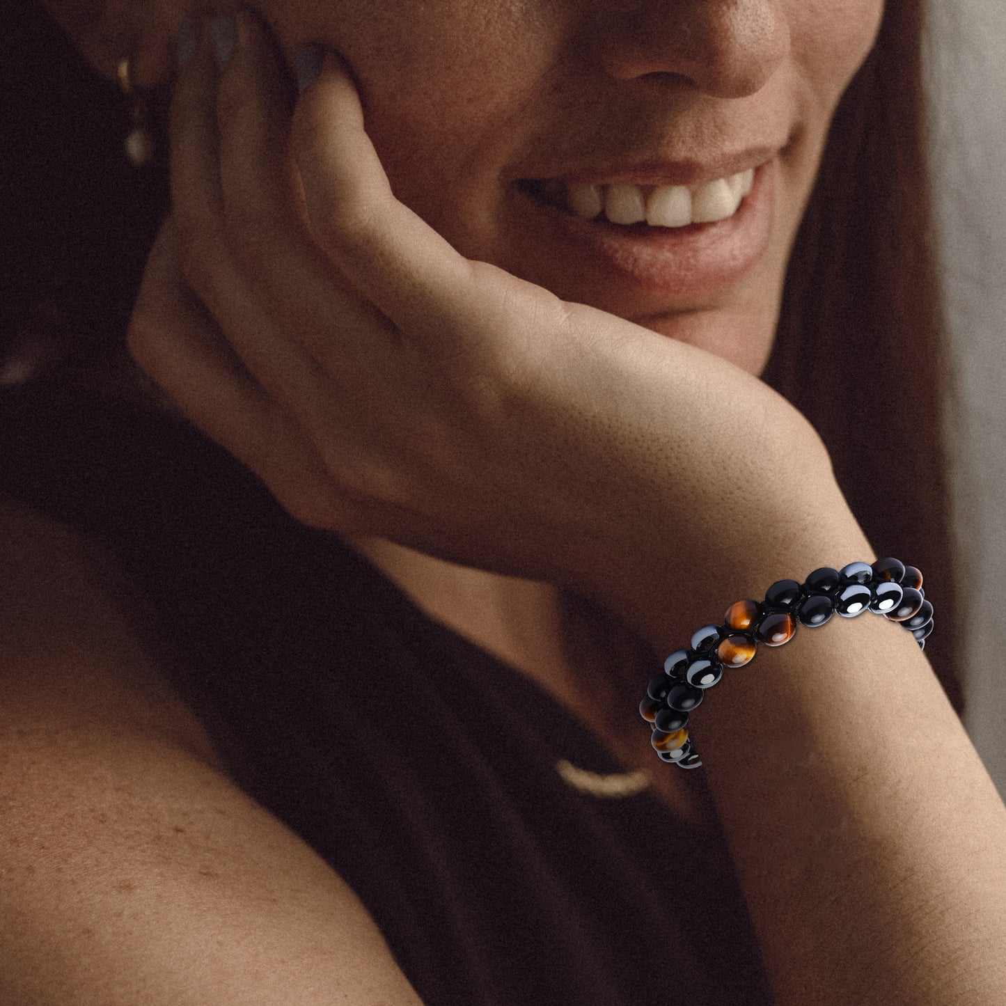 Triple Protection Bracelet, Authentic Tigers Eye Black Obsidian and Hematite 8mm Beads double layer Triangle Design Bracelet