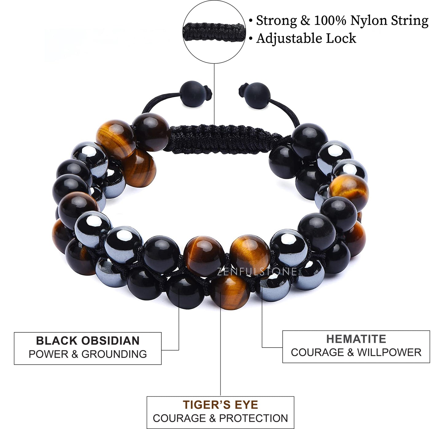 Triple Protection Bracelet, Authentic Tigers Eye Black Obsidian and Hematite 8mm Beads double layer Triangle Design Bracelet