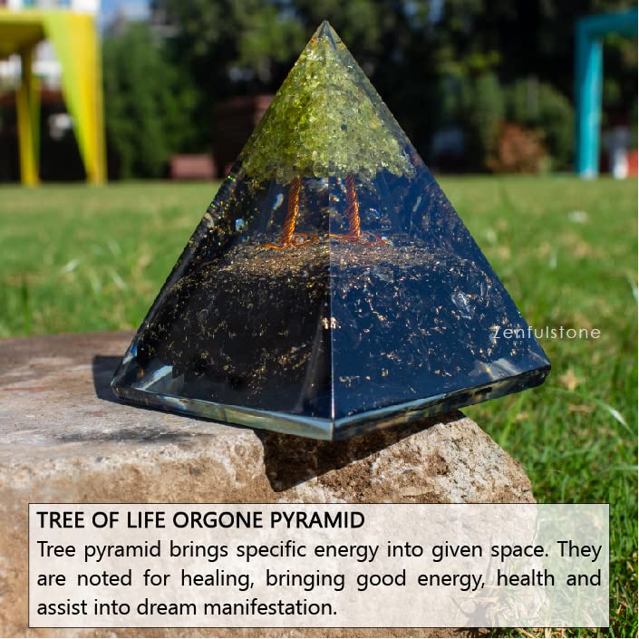 Green Tree of Life Flower Orgonite Pyramid - Peridot & Black Tourmaline