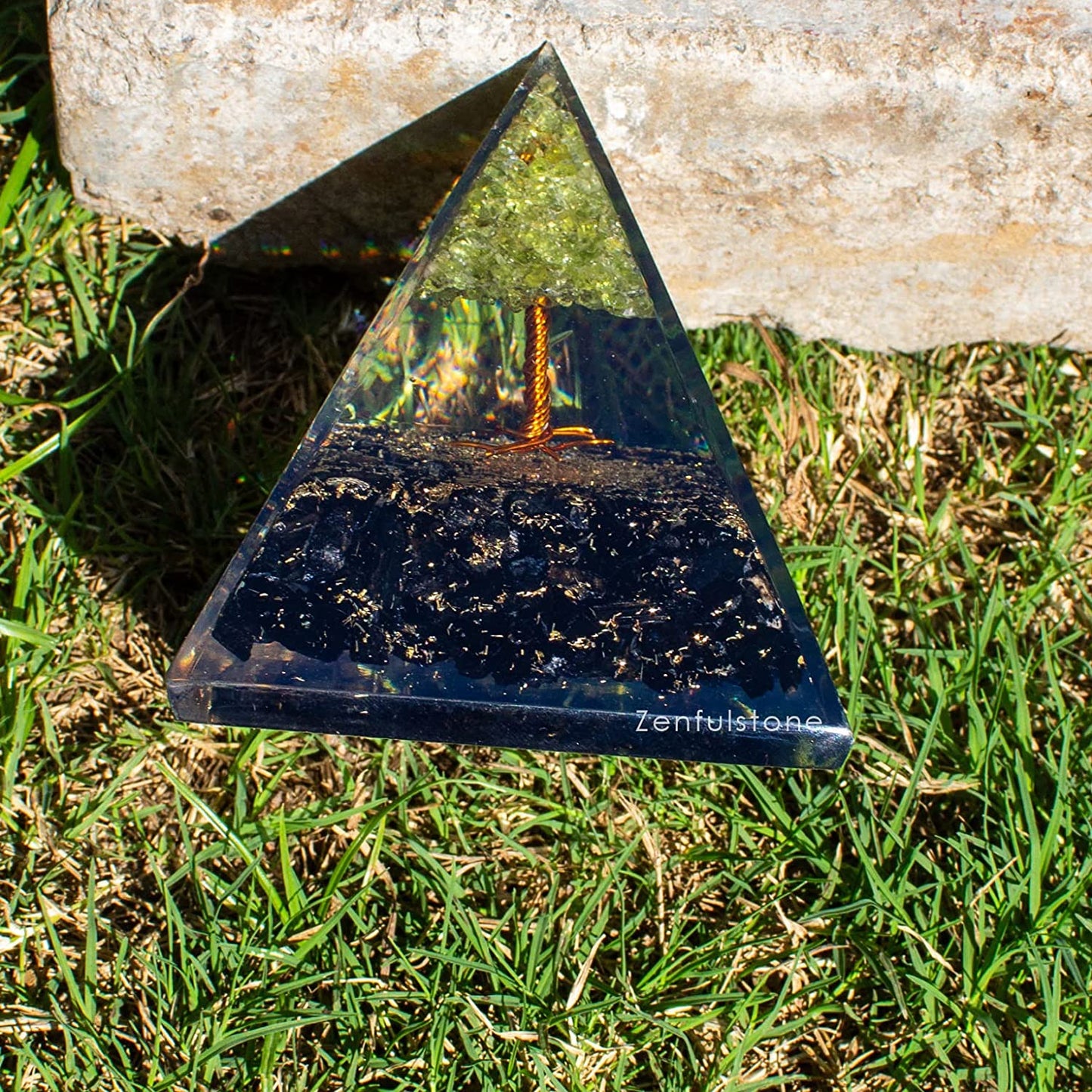Green Tree of Life Flower Orgonite Pyramid - Peridot & Black Tourmaline