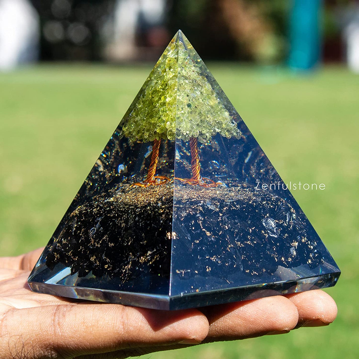 Green Tree of Life Flower Orgonite Pyramid - Peridot & Black Tourmaline