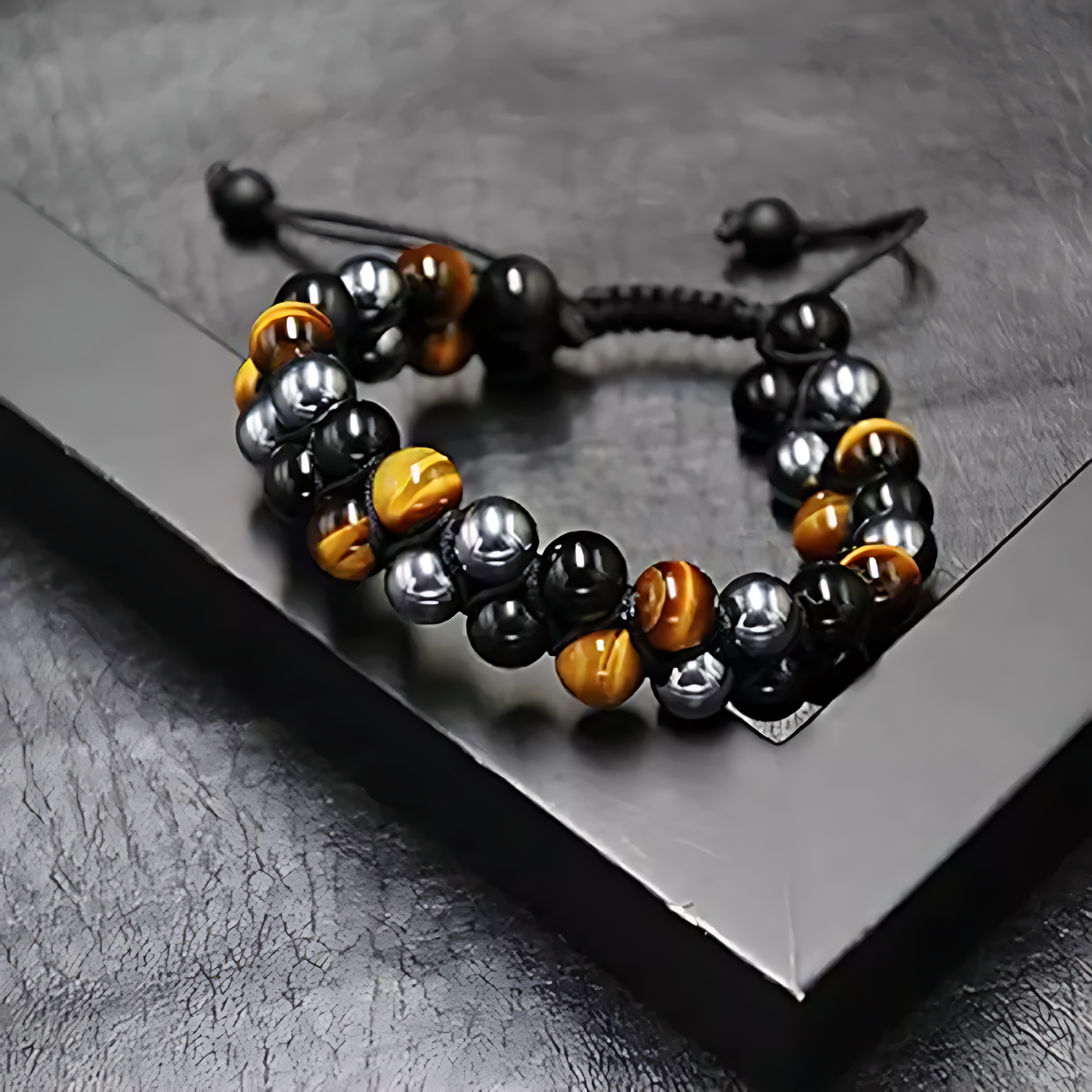 Triple Protection Bracelet, Authentic Tigers Eye Black Obsidian and Hematite 8mm Beads double layer Bracelet