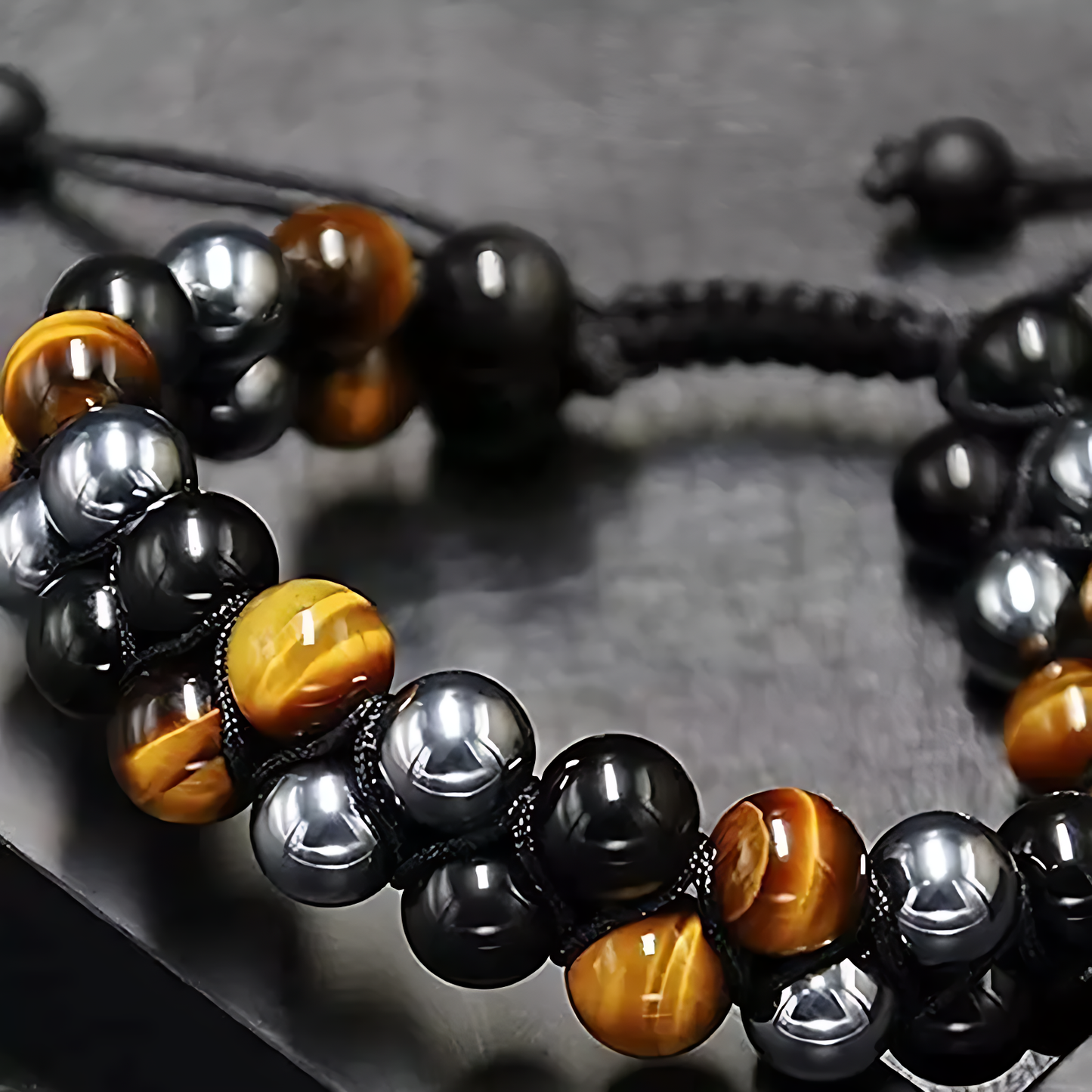 Triple Protection Bracelet, Authentic Tigers Eye Black Obsidian and Hematite 8mm Beads double layer Bracelet