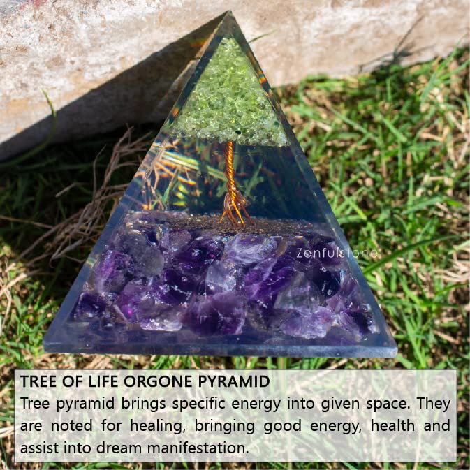 Tree of Life Flower Orgonite Pyramid - Peridot & Amethyst