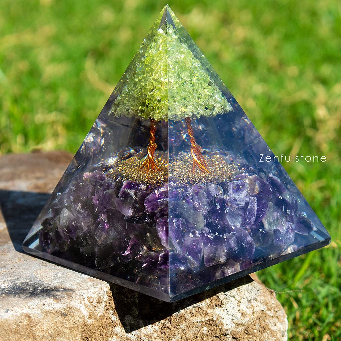 Tree of Life Flower Orgonite Pyramid - Peridot & Amethyst