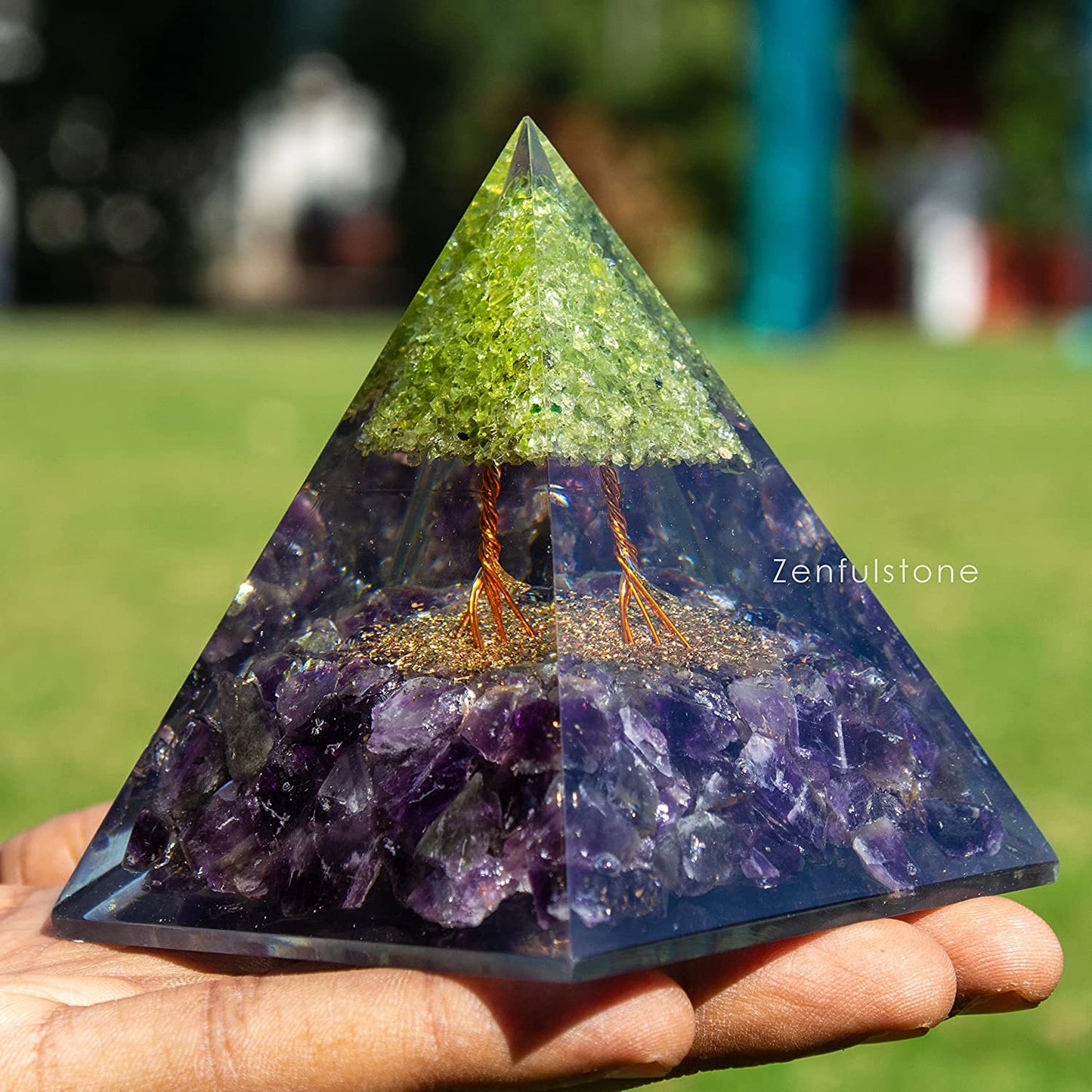 Tree of Life Flower Orgonite Pyramid - Peridot & Amethyst