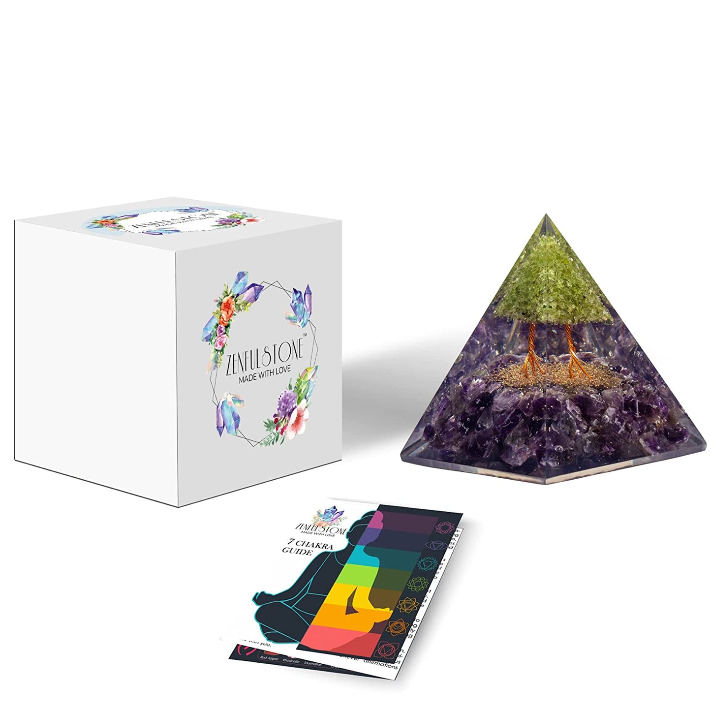 Tree of Life Flower Orgonite Pyramid - Peridot & Amethyst