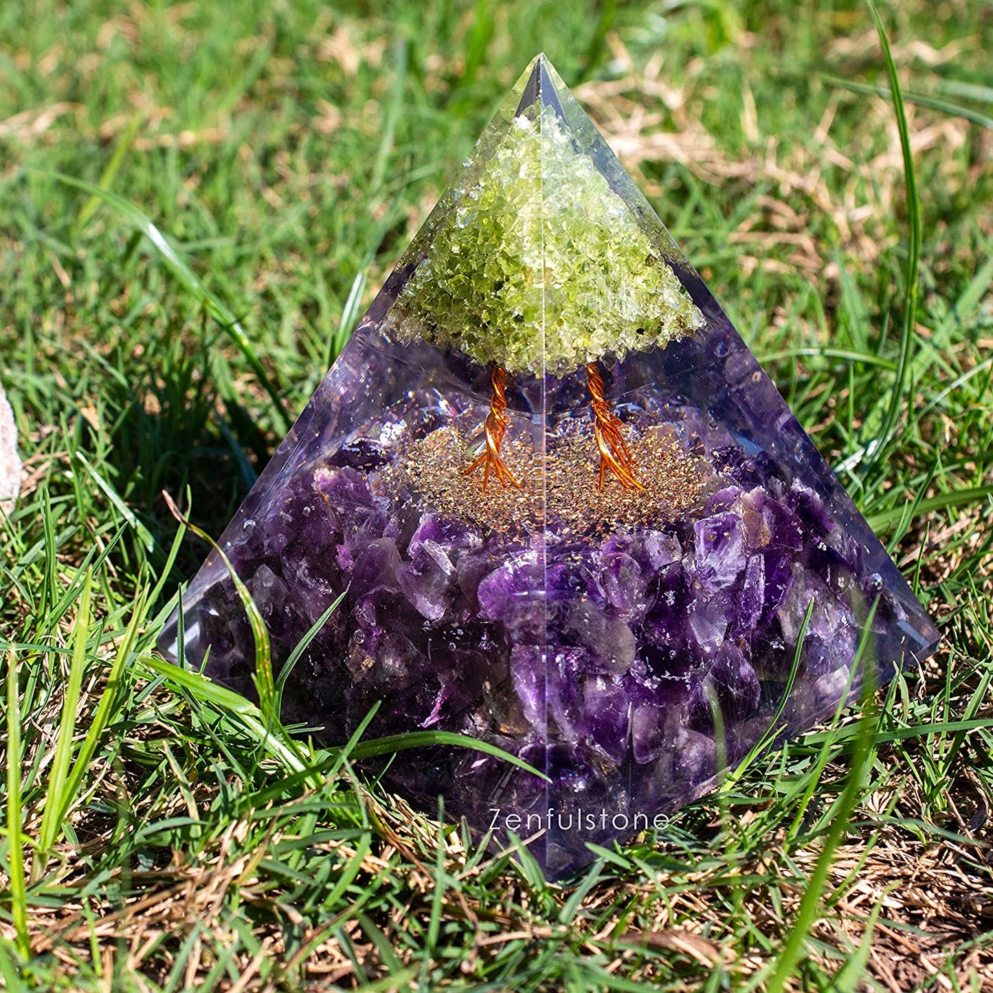 Tree of Life Flower Orgonite Pyramid - Peridot & Amethyst