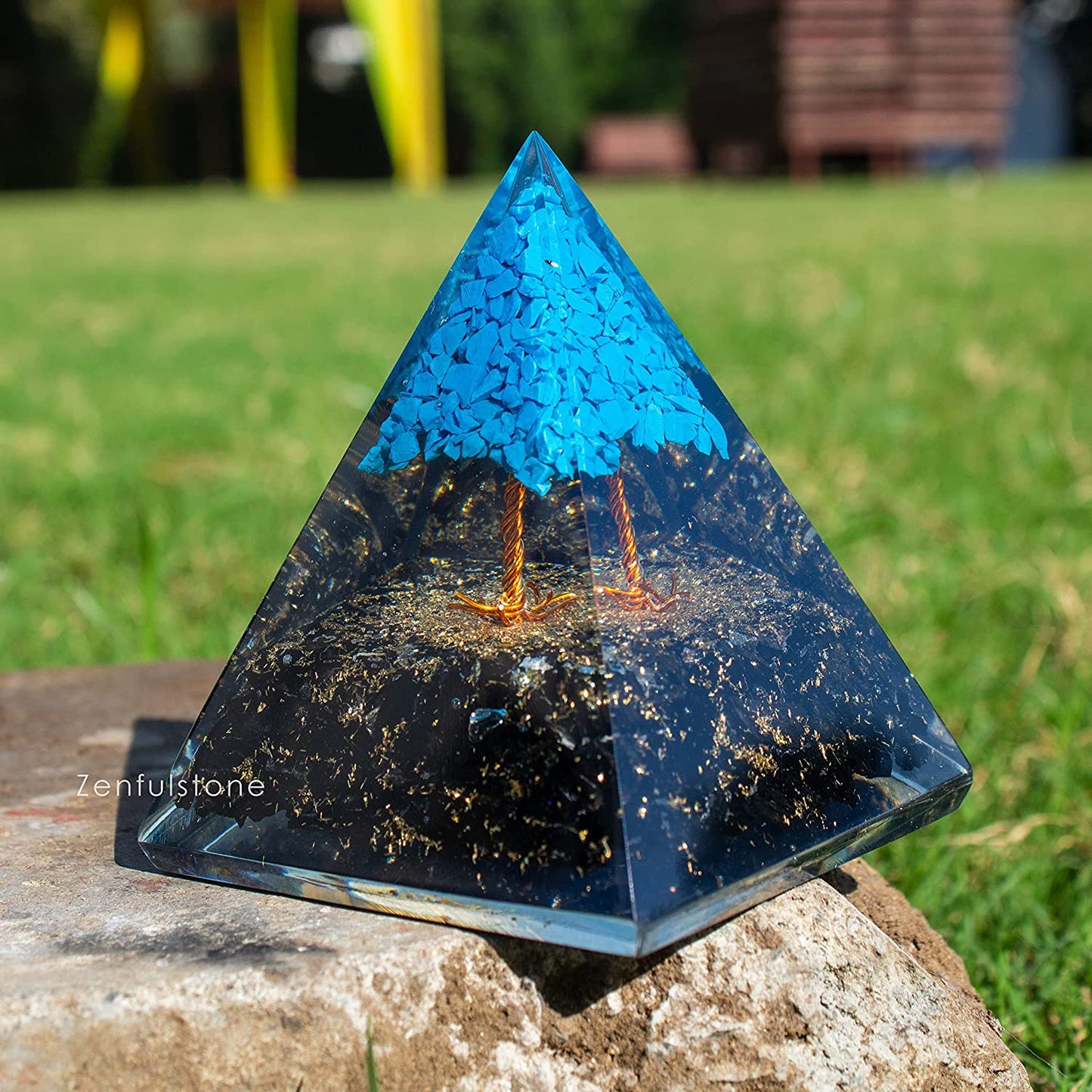 Tree of Life Flower Orgonite Pyramid - Turquoise & Tourmaline