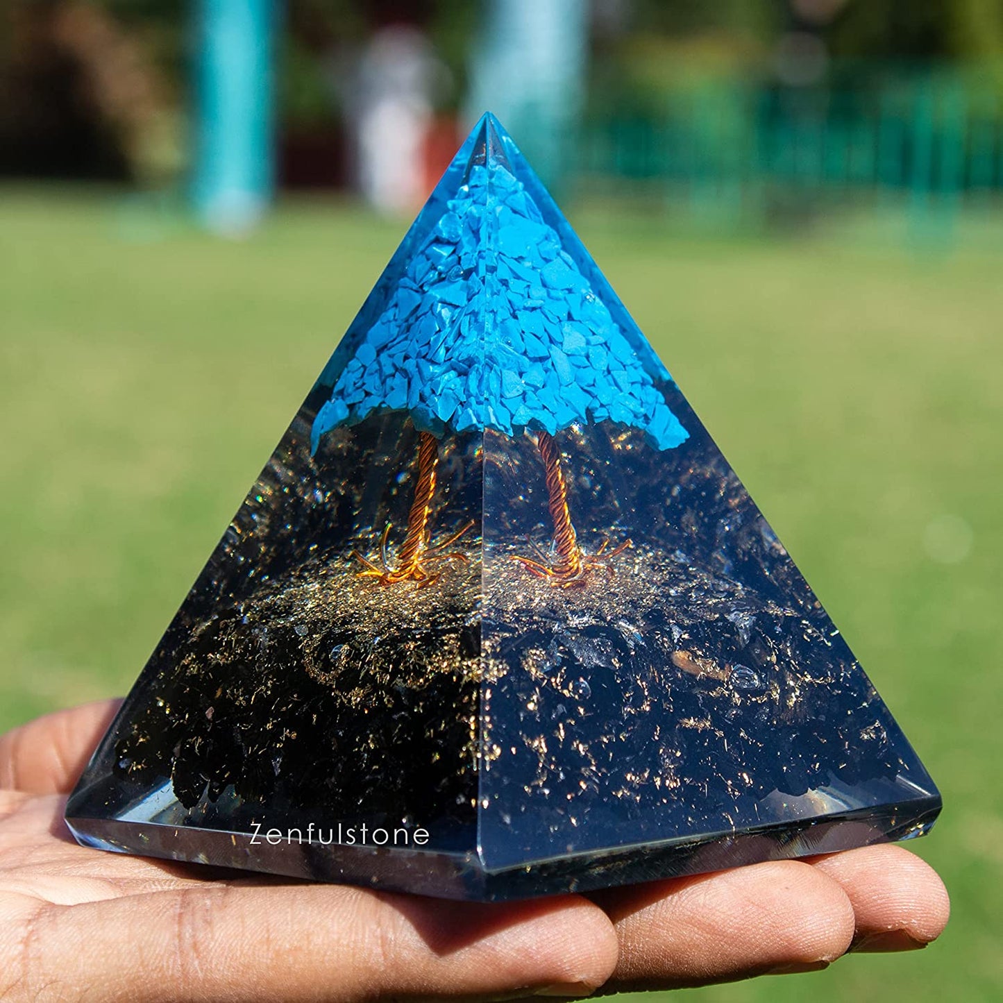 Tree of Life Flower Orgonite Pyramid - Turquoise & Tourmaline