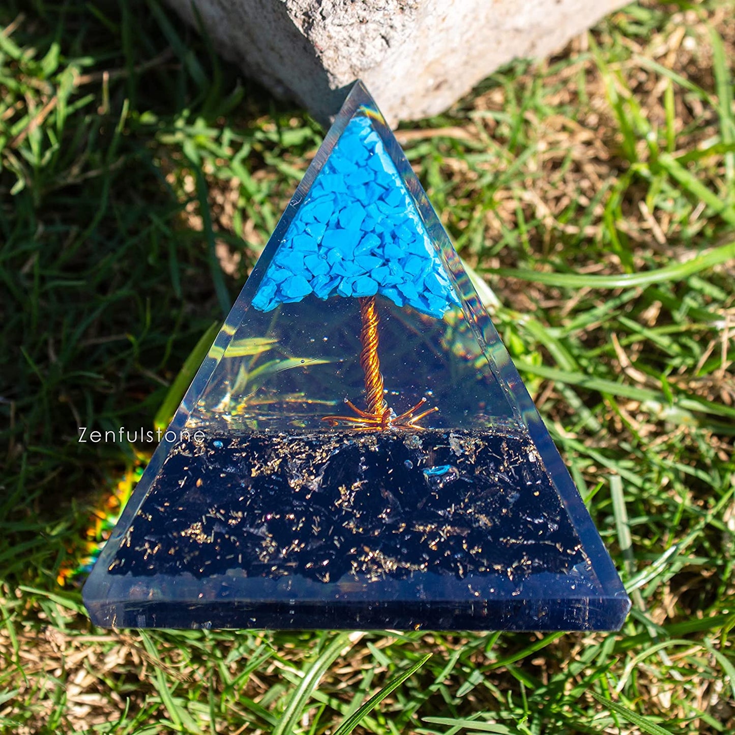Tree of Life Flower Orgonite Pyramid - Turquoise & Tourmaline