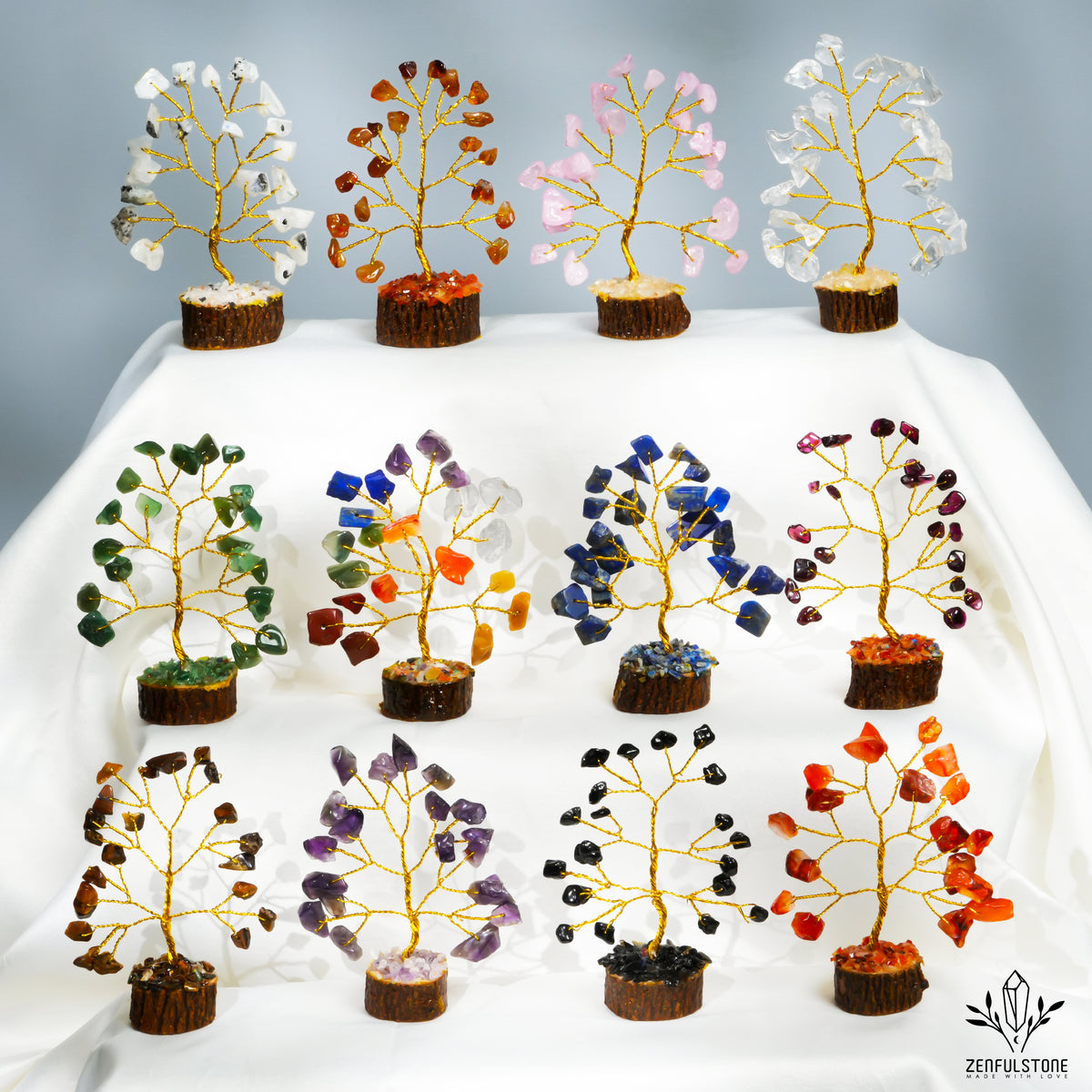 Crystal Tree Gifts for Women, Set of 12 Handcrafted Small Tree of Life Chakra Healing Crystals & Stones for Positive Energy, Good Luck, Home and Office Decor, Birthday Presents
