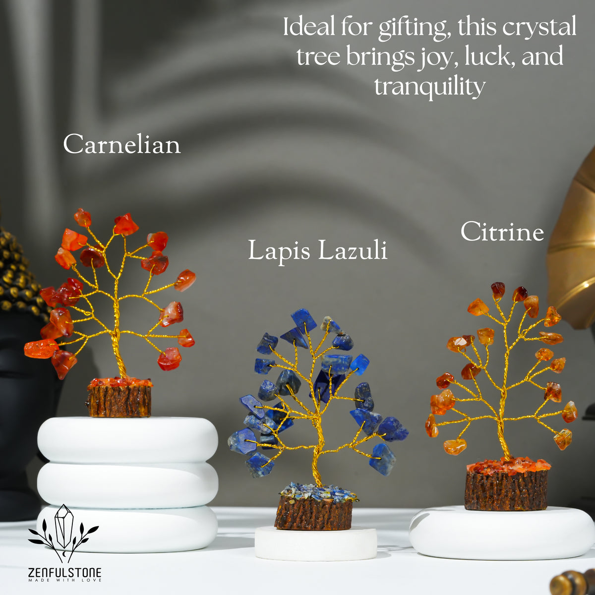 Crystal Tree Gifts for Women, Set of 12 Handcrafted Small Tree of Life Chakra Healing Crystals & Stones for Positive Energy, Good Luck, Home and Office Decor, Birthday Presents