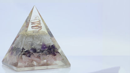 Amethyst, Clear Quartz & Rose Quartz Triple Layered Orgone Pyramid
