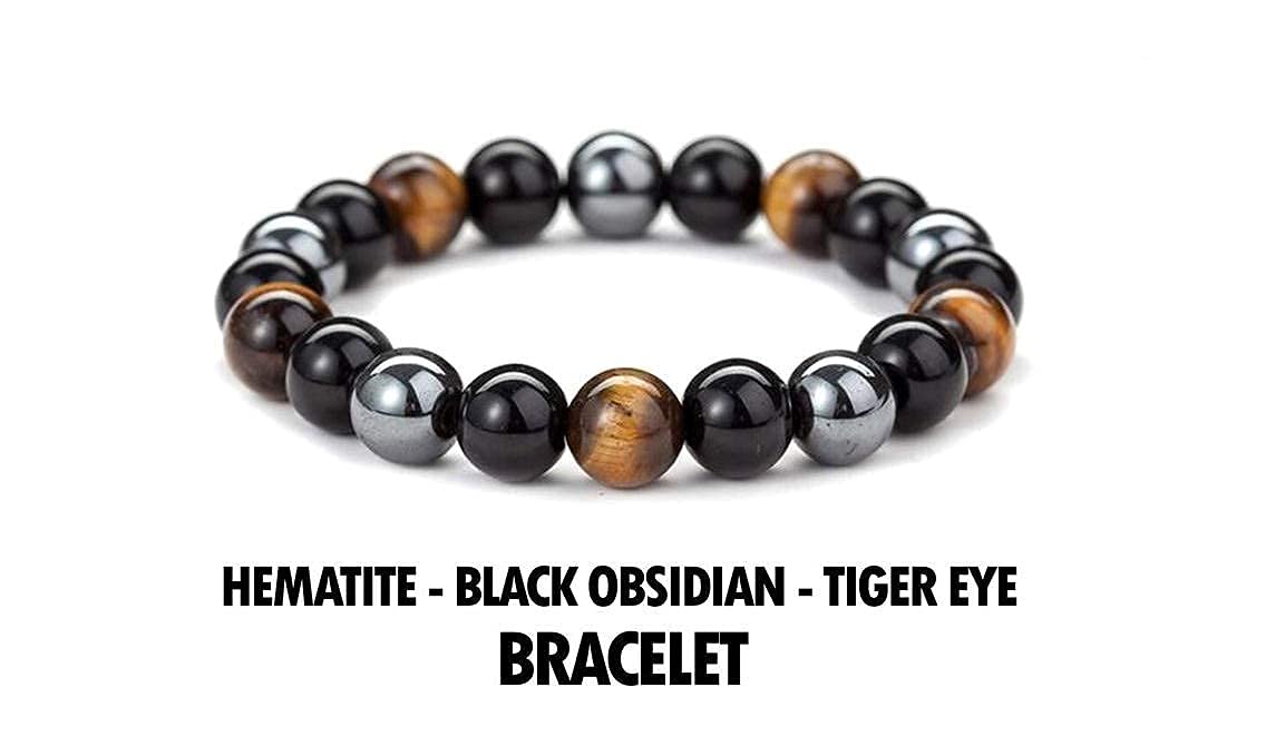 Triple Protection Bracelet - 8mm Hematite - Black Obsidian Stone - Tiger's Eye stretching Healing Bracelet