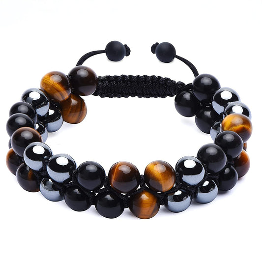 Triple Protection Bracelet, Authentic Tigers Eye Black Obsidian and Hematite 8mm Beads double layer Triangle Design Bracelet