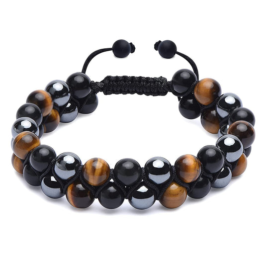 Triple Protection Bracelet, Authentic Tigers Eye Black Obsidian and Hematite 8mm Beads double layer Bracelet