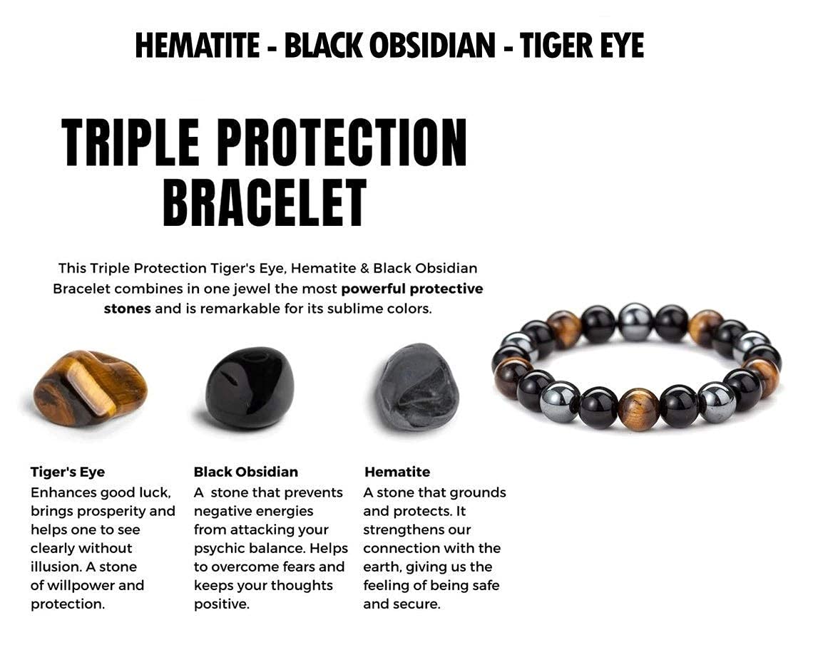 Triple Protection Bracelet - 8mm Hematite - Black Obsidian Stone - Tiger's Eye stretching Healing Bracelet