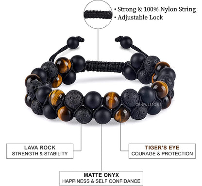 Triple Protection Bracelet, Authentic Tigers Eye, Lava Rock and Matte Onyx 8mm Beads double layer Bracelet
