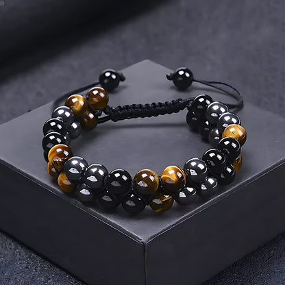 Triple Protection Bracelet, Authentic Tigers Eye Black Obsidian and Hematite 8mm Beads double layer Triangle Design Bracelet