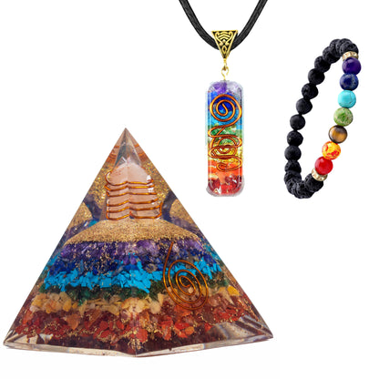 Big 7 Chakra Orgone Pyramid, Necklace & Bracelet Healing Gift Set