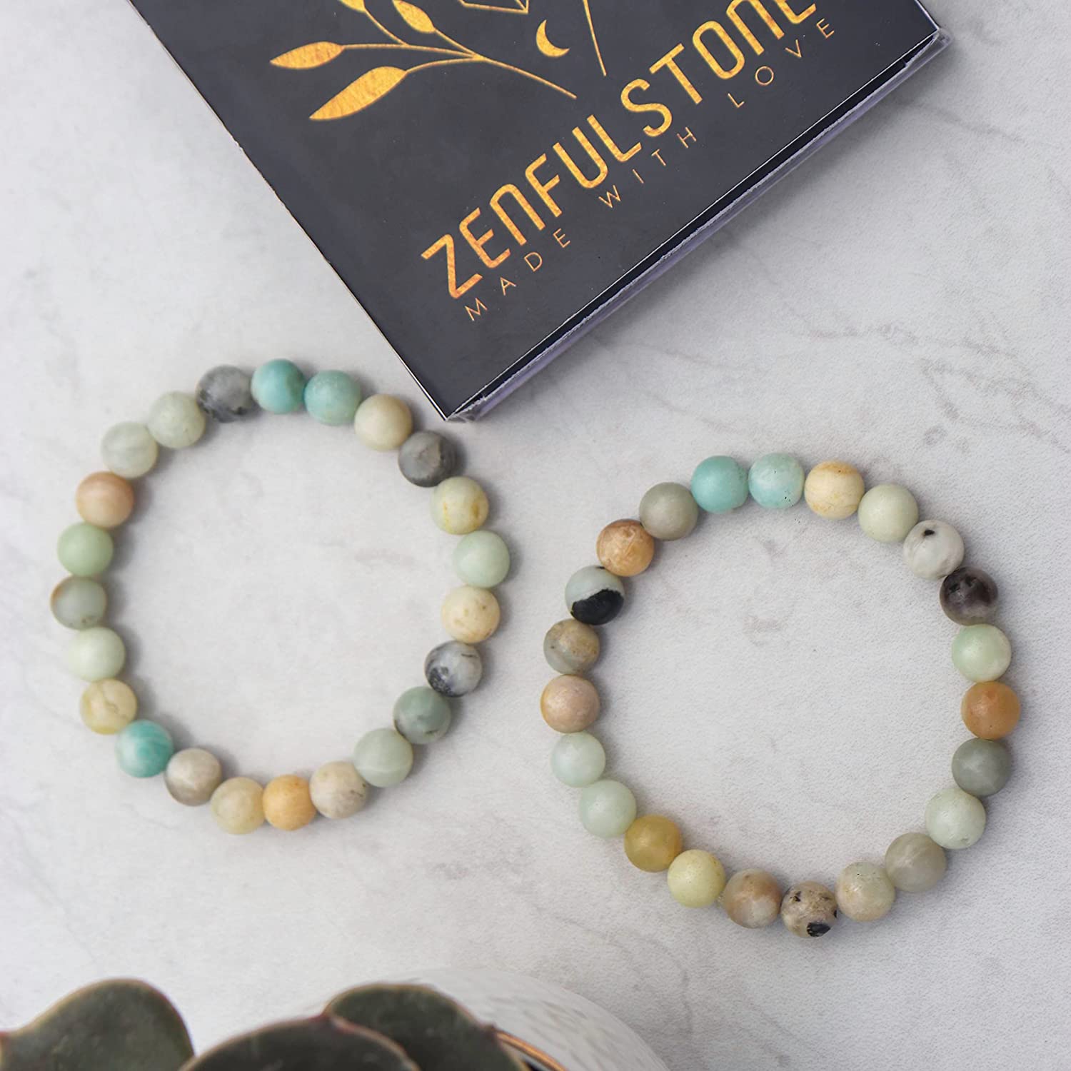 Charged Amazonite Crystal Bracelet 8mm Beads + Bonus Selenite Heart Charger - Reiki Healing Stone