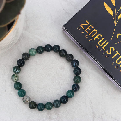 Moss Agate Natural Gemstone Reiki Healing Crystals Handmade 8mm Round Beads Stretch Bracelet for Women & Men | Spiritual Gift | Mother's day Gift | Adjustable size Crystal Bracelet for Women